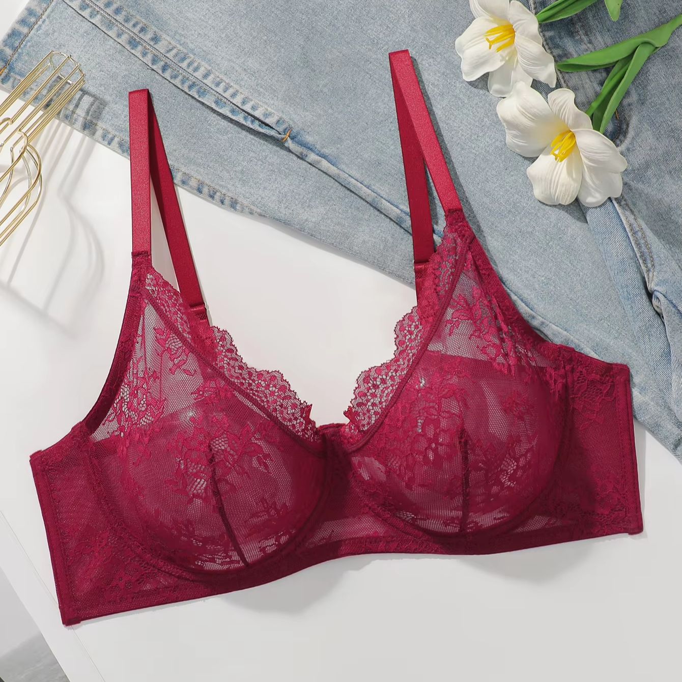 Women Plus Size Red Lace Sheer - Full Coverage Bra ulasan dan harga