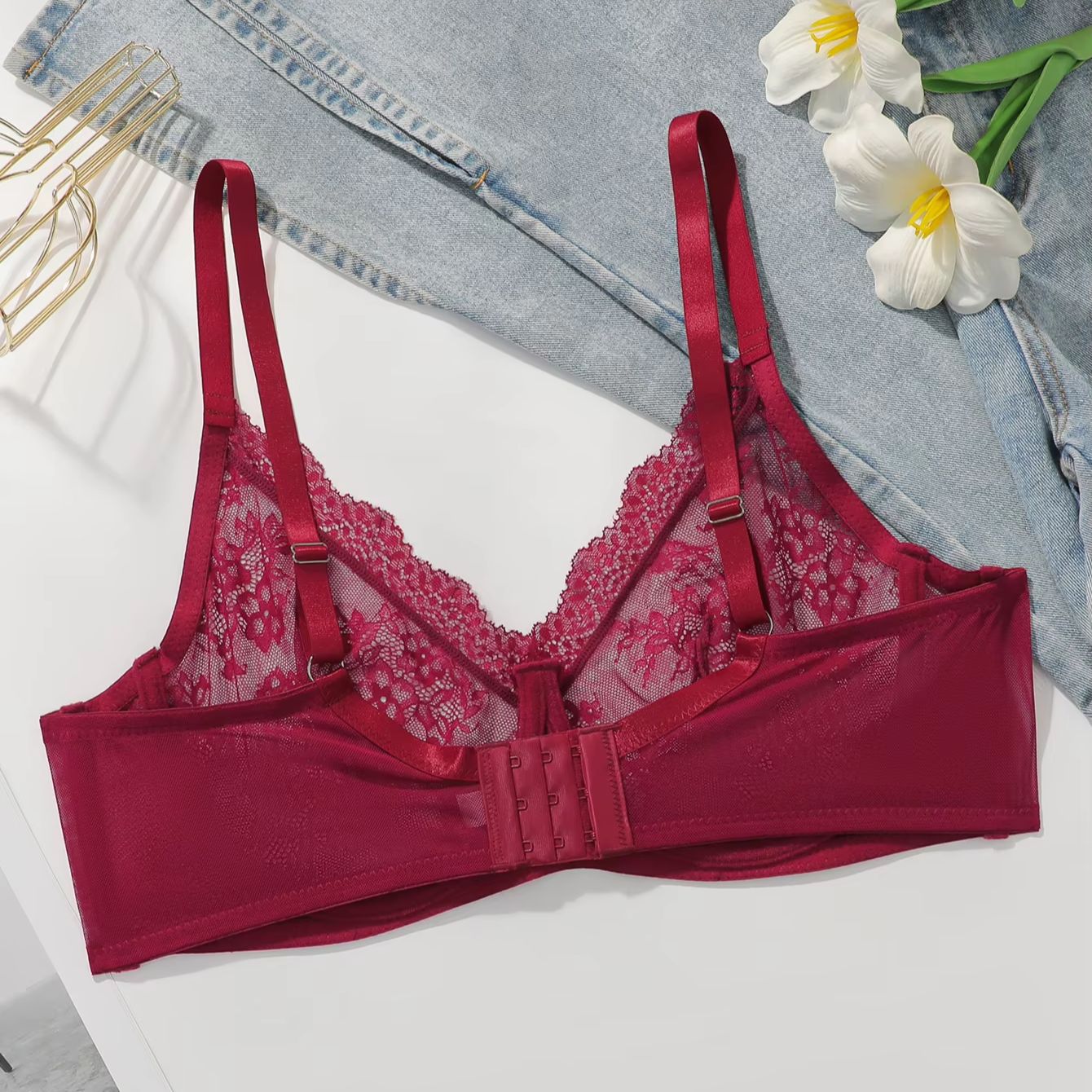 Women Plus Size Red Lace Sheer - Full Coverage Bra ulasan dan harga