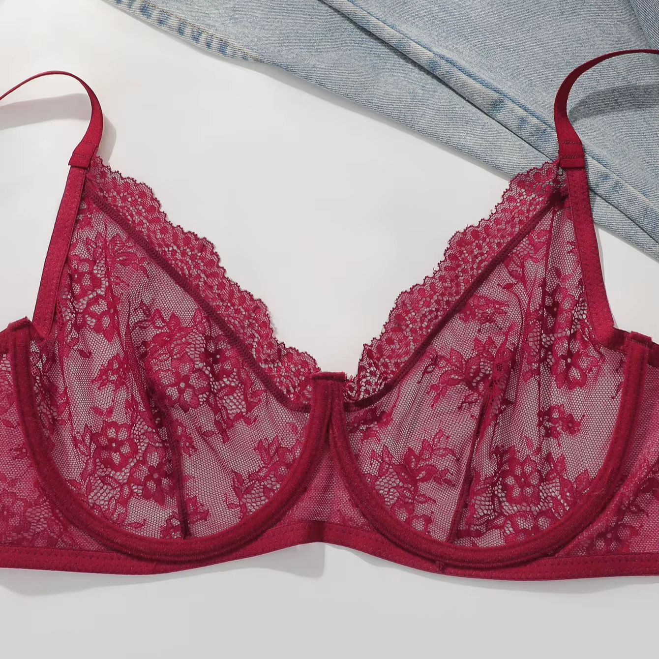 Women Plus Size Red Lace Sheer - Full Coverage Bra ulasan dan harga